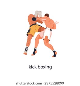 Kickboxing fight, martial art. Kick boxing fighters. Combat sport match. Boxers wrestling tournament. Men athletes in battle competition. Flat vector illustration isolated on white background