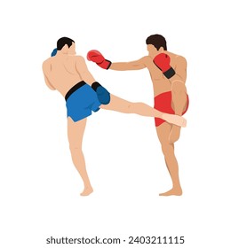 Kickboxing fight, martial art. Kick boxing fighters. Combat sport match. Boxers wrestling tournament. Men athletes in battle competition. Flat vector illustration