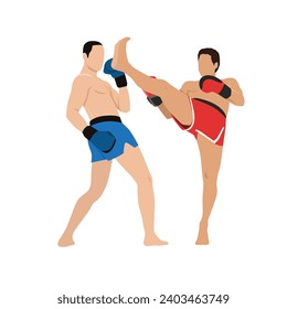 Kickboxing fight, martial art. Kick boxing fighters. Combat sport match. Boxers wrestling tournament. Men athletes in battle competition. Flat vector illustration isolated on white background