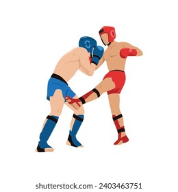 Kickboxing fight, martial art. Kick boxing fighters. Combat sport match. Boxers wrestling tournament. Men athletes in battle competition. Flat vector illustration isolated on white background