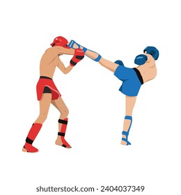 Kickboxing fight, martial art. Kick boxing fighters. Combat sport match. Boxers wrestling tournament. Men athletes in battle competition. Flat vector illustration isolated on white background