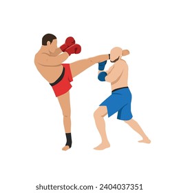 Kickboxing fight, martial art. Kick boxing fighters. Combat sport match. Boxers wrestling tournament. Men athletes in battle competition. Flat vector illustration isolated on white background