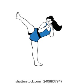 Kickboxing fighting girl flat vector illustration
