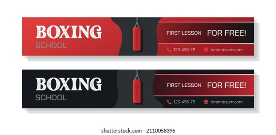 Kickboxing gym header set, workout school web banner concept, sports abstract horizontal marketing ad, promotional offer cover advertisement, isolated.