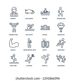 kickboxing, kung fu, Lacrosse, long jump, marathon, Referee, powerlifting, Muscle, Podium outline vector icons from 16 set