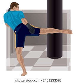 kickboxing, male boxer kicking a punching bag in a gym background