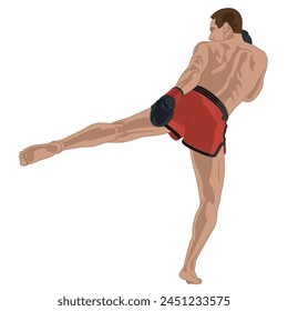 kickboxing, male boxer in striking a kicking pose isolated on a white background