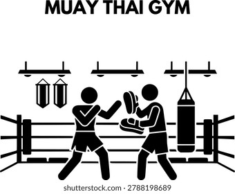 Kickboxing Martial Arts Training in Ring Vector Icon with Fighter Practicing Punches on Focus Pads