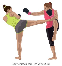 kickboxing, match between two female boxers isolated on a white background