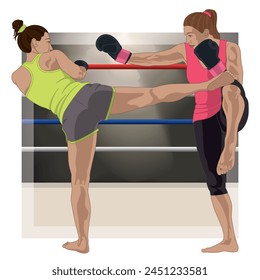 kickboxing, match between two female boxers in a boxing ring in the background