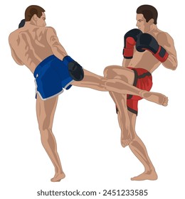 kickboxing, match between two male boxers isolated on a white background