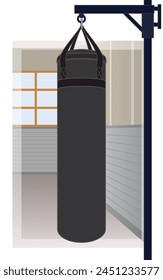 kickboxing, punching bag hanging on a pole with a gym in the background