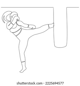 kickboxing woman practicing continuous line drawing vector line art illustration