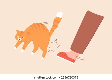 Kicked cat. Cruel man kick kitten with leg out of house, animal punishment damage pets problem abuse cats, owner angry behavior guilt shelter trouble concept vector illustration