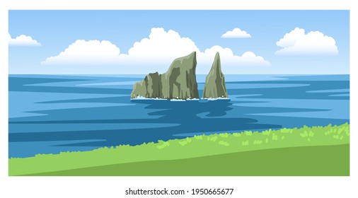 Kicker Rock, Leon Dormido. Beautiful panoramic seascape with green coastline, big fluffy clouds. Ocean scenic view. Hand-drawn vector illustration.