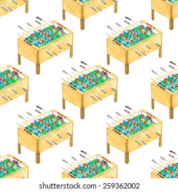 Kicker table. Watercolor seamless pattern with foosball tables on the white background, aquarelle. Vector illustration. Hand-drawn original background useful for invitations, scrapbooking, design.