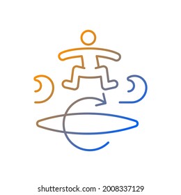 Kickflip surfing technique gradient linear vector icon. Perform flip trick on surfboard. Board spinning clockwise. Thin line color symbols. Modern style pictogram. Vector isolated outline drawing
