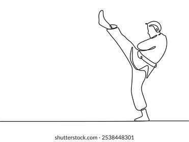 Acción de patada en karate ilustrada en dibujo continuo de una línea. Concepto de actividad deportiva que muestra el poder y la gracia de los movimientos de karate.