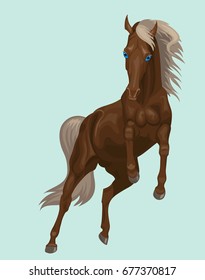Kicking brown horse with a flaxen tail and mane