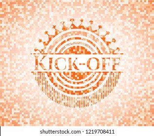 Kick-off abstract emblem, orange mosaic background