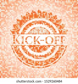 Kick-off abstract emblem, orange mosaic background