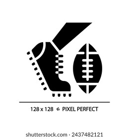 Kickoff black glyph icon. American football match. Initial kick. Kicking pigskin ball in center of football field. Silhouette symbol on white space. Solid pictogram. Vector isolated illustration