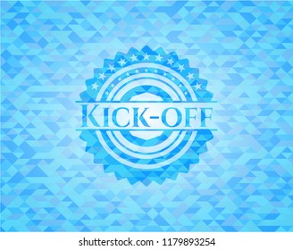 Kick-off light blue emblem with triangle mosaic background