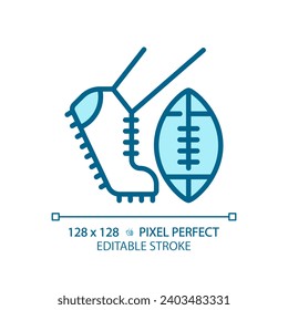 Kickoff light blue icon. American football match. Kicking pigskin ball in center of football field. RGB color sign. Simple design. Web symbol. Contour line. Flat illustration. Isolated object