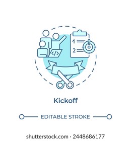 Icono de concepto azul suave de Kickoff. Estructura del proceso de hackathon. formación de Equipo. Ceremonia de inauguración. Ilustración de línea de forma redonda. Abstractas idea. Diseño gráfico. Fácil de usar en Materiales promocionales