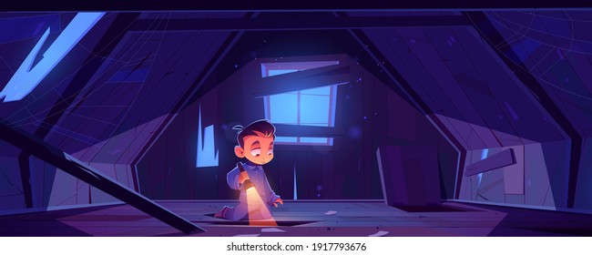 Kid in abandoned house attic at night, little boy in pajama with flashlight explore old mansard room with holes and spider web on roof with wood floor and boarded up window Cartoon vector illustration
