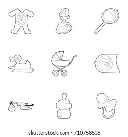 Kid accessories icons set. Outline set of 9 kid accessories vector icons for web isolated on white background