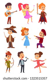 Kid actors. Theater performance of funny childrens boys and girls in costume standing at school stage vector characters cartoon