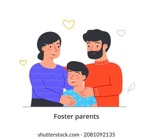 Kid adoption concept. Multicultural foster parents hug their adopted son. Boy with loving mother and father. Happy smiling family. Orphan found new home. Cartoon modern flat vector illustration