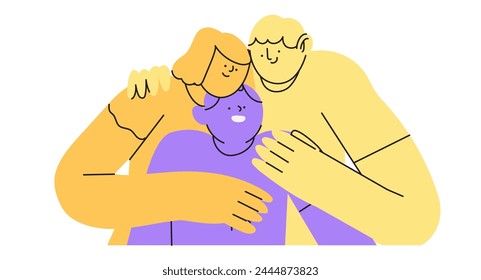 Adopción infantil. Familia adoptiva multicultural o pareja adopta un niño. Padres felices abrazando a su hijo adoptivo. Vector ilustración de dibujos animados. Madre y padre, cuidado familiar y niño adoptado.