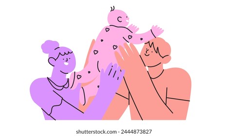 Kid adoption. Multicultural foster family or couple adopt newborn. Happy parents embracing their adopted daughter or son. Vector cartoon illustration. Mother and father, family care and adopted child.