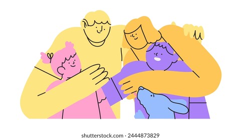 Kid adoption. Multicultural foster family or couple adopt child. Happy parents embracing their adopted daughter or son. Vector cartoon illustration. Mother and father, family care and adopted child.