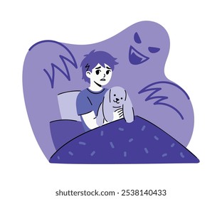 El niño tiene miedo de un monstruo detrás de él. Niño que tiene un concepto de pesadilla. Ilustración vectorial plana de un niño en su cama con una silueta fantasma sobre fondo.  Trastorno del sueño, insomnio, pesadillas.