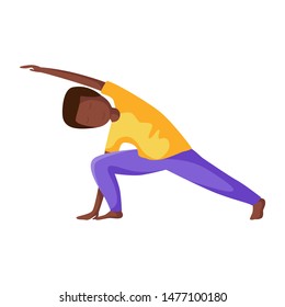 Kid Or African American Teenager Boy In Yoga Pose, Doing Yoga Asana, Sport Exercises And Meditation. Male Character In Flat Style, Vector Illustration On White Background.