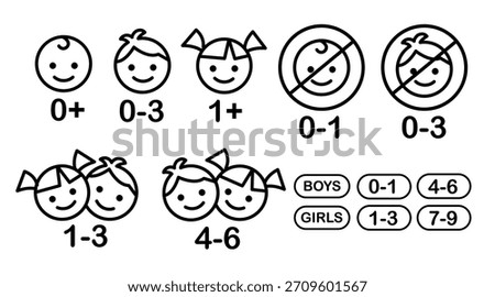 Kid age warning icons in linear format. Icon set includes kids silhouettes and standard line markers