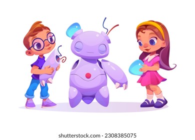 Kid ai robot development and science study vector illustration. Computer technology education and engineer workshop children activity set. Boy and girl build or break cute robot