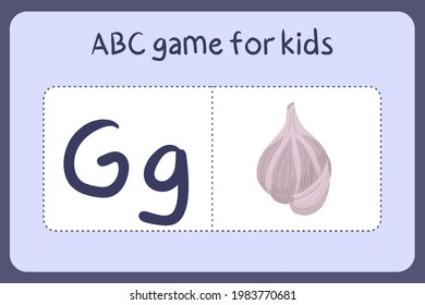 Kid alphabet mini games in cartoon style with letter G - garlic. Vector illustration for game design - cut and play. Learn abc with fruit and vegetable flash cards.