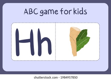 Kid alphabet mini games in cartoon style with letter H - horseradish. Vector illustration for game design - cut and play. Learn abc with fruit and vegetable flash cards.