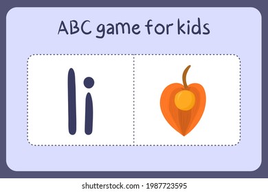 Kid alphabet mini games in cartoon style with letter I - inca berries. Vector illustration for game design - cut and play. Learn abc with fruit and vegetable flash cards.