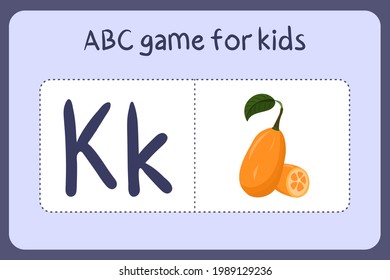 Kid alphabet mini games in cartoon style with letter K - kumquat . Vector illustration for game design - cut and play. Learn abc with fruit and vegetable flash cards.