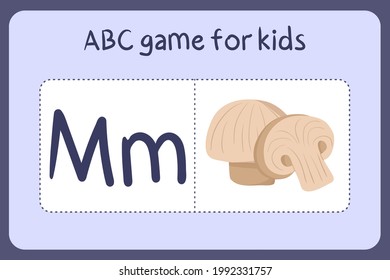 Kid alphabet mini games in cartoon style with letter M - mushroom. Vector illustration for game design - cut and play. Learn abc with fruit and vegetable flash cards.