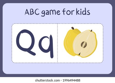 Kid alphabet mini games in cartoon style with letter Q - quince . Vector illustration for game design - cut and play. Learn abc with fruit and vegetable flash cards.