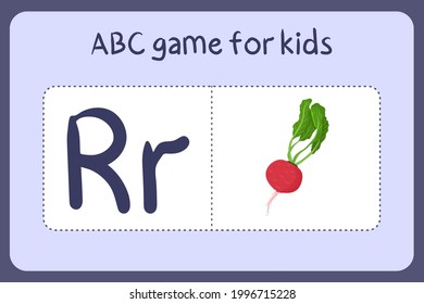 Kid alphabet mini games in cartoon style with letter R - radish . Vector illustration for game design - cut and play. Learn abc with fruit and vegetable flash cards.