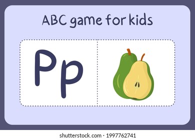 Kid alphabet mini games in cartoon style with letter P - pear . Vector illustration for game design - cut and play. Learn abc with fruit and vegetable flash cards.