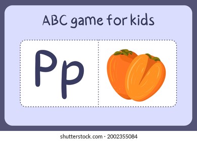 Kid alphabet mini games in cartoon style with letter P - persimmon . Vector illustration for game design - cut and play. Learn abc with fruit and vegetable flash cards.
