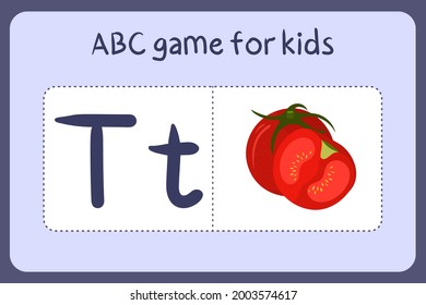 Kid alphabet mini games in cartoon style with letter T - tomato. Vector illustration for game design - cut and play. Learn abc with fruit and vegetable flash cards.